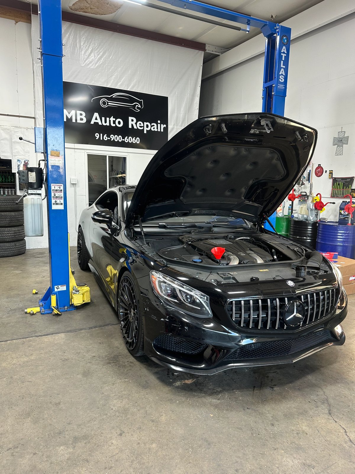 Mercedes-Benz undergoing service inside the MB Auto Repair workshop