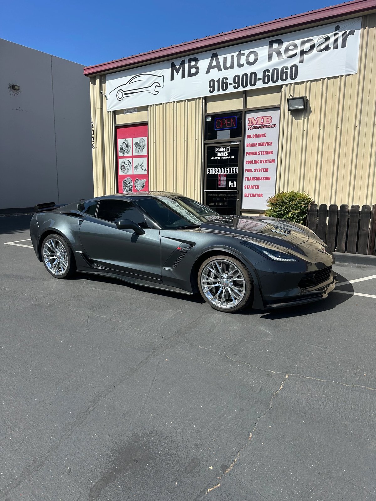 Corvette parked outside the MB Auto Repair shop in Rancho Cordova